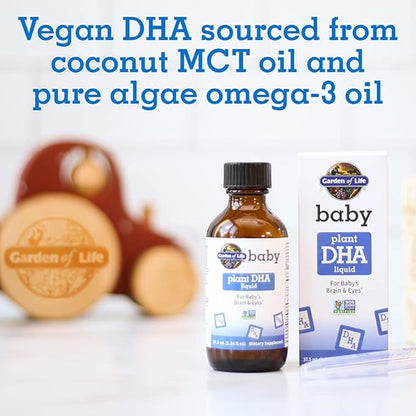 Garden of Life Baby DHA Drops, 600mg Omega 3 DHA Vegan for Baby's Brain & Eyes from Vegetarian Friendly Plant Based Sources (No Fish Oil) for Babies & Toddlers, 37.5 mL (1.26 fl oz) Liquid