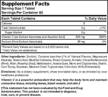 Chewable Vitamin C. Great tasting low sugar essential vitamin, does not promote tooth decay. 500mg, 60 Tablets.