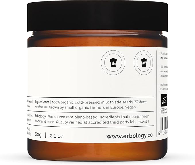 Erbology Organic Milk Thistle Powder 2.1 oz - 20 Servings - 180mg Silymarin per Serving - Liver Health - Cold-Pressed from 100% Milk Thistle Seeds - Sustainably Sourced in Europe - Vegan - GMO-Free