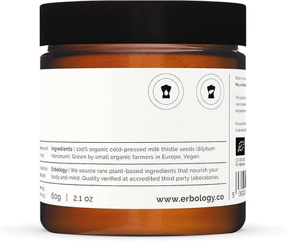 Erbology Organic Milk Thistle Powder 2.1 oz - 20 Servings - 180mg Silymarin per Serving - Liver Health - Cold-Pressed from 100% Milk Thistle Seeds - Sustainably Sourced in Europe - Vegan - GMO-Free