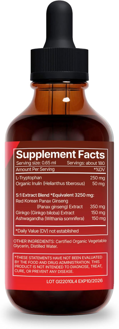 Red Korean Panax Ginseng & L-Tryptophan Liquid Extract Formula 4 fl oz - Ashwagandha, Ginkgo Biloba - Energy, Cognitive Performance & Focus - Immune System and Vitality Support Tincture