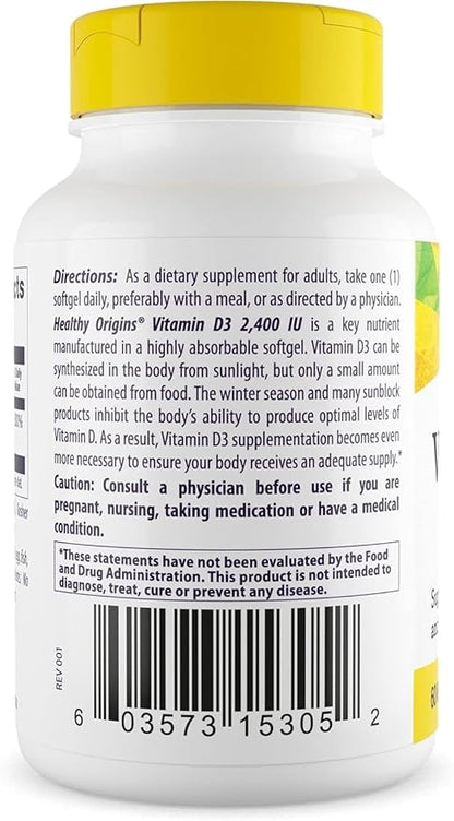 Healthy Origins Vitamin D3 (Lanolin) 2,400 IU Softgel - Bone Health and Immune Support Supplement - Easily Absorbable Vitamin D Supplements - Gluten-Free Vitamin D3 Supplement - 120 Softgels