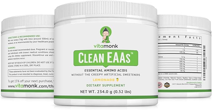 VitaMonk Clean EAA - EAAs with No Artificial Sweeteners for Pre-Workout, Energy and Recovery - Max Bioavailable EAA Powder with 9 Essential Amino Acids - Natural Lemonade Flavor