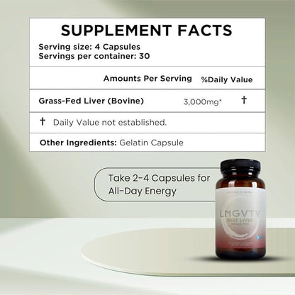 LNGVTY Grass Fed Beef Liver Capsules | Desiccatted Liver Supplement | 120 Pills, 750mg | Natural Iron, Vitamin A, B12 for Energy and Optimal Health | Humanely Pasture Raised Undefatted in New Zealand