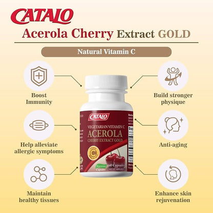 CATALO Acerola Cherry Extract Capsules – Vitamin C from Acerola Cherries, Plant-Based, No Synthetic Vitamin C, No Artificial Colors or Preservatives – 60 Vegetarian Capsules
