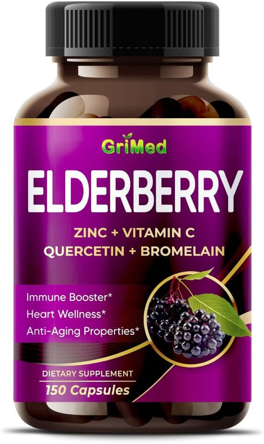 GriMed Elderberry 21,900mg - X15 Power with Zinc, Vitamin C, Quercetin, Bromelain - Immune Booster, Anti-Aging Properties - Made in USA (150 Count (Pack of 1))