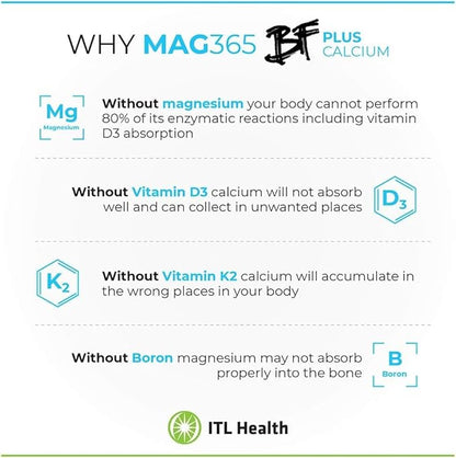 ITL Health BF Plus Calcium Zinc Magnesium Powder with D3, K2, C, B6, Boron, Zinc and Potassium | for Optimal Bone Health, and Immune Support (Unflavored, 360g)