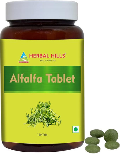 HERBAL HILLS Alfalfa Tablets | 120 Count | Source of Vitamin A | Natural Green Superfoods