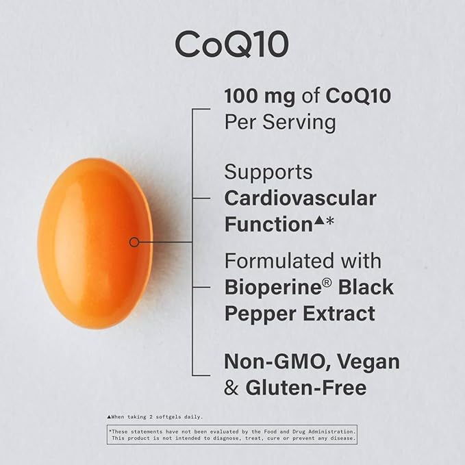 CoQ10 (100mg) Enhanced with Coconut Oil & Bioperine (Black Pepper) for Better Absorption | Vegan Certified and Non-GMO Verified (30 Veggie Softgels)