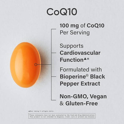 CoQ10 (100mg) Enhanced with Coconut Oil & Bioperine (Black Pepper) for Better Absorption | Vegan Certified and Non-GMO Verified (30 Veggie Softgels)