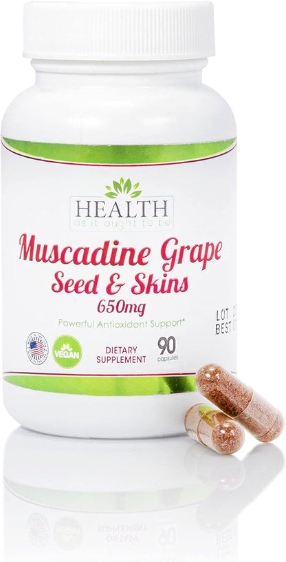 Health As It Ought To Be Muscadine Grape Seed & Skins 650 mg Supplement | Physician Formulated Powerful Antioxidant Support Beyond The Average Grape | 90 Capsules