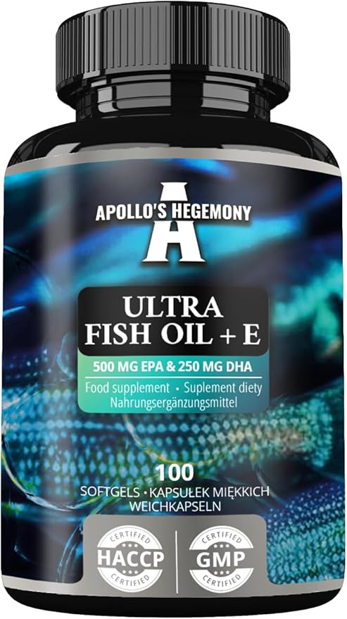 APOLLO'S HEGEMONY Ultra Fish Oil 1000mg with Vitamin E, 100 Softgel Capsules, High Strength Omega 3 with 500mg EPA and 250mg DHA, 3 Months Supply, Fatty Acids (EFAs)