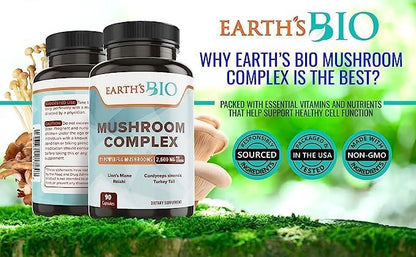 EARTH'S BIO Mushroom Supplement Complex 2,600 mg per Serving, 90 Caps, with Organic Lion's Mane Mushroom, Turkey Tail, Enoki Agaricus, White Button & Oyster Mushroom - Memory & Immune Support