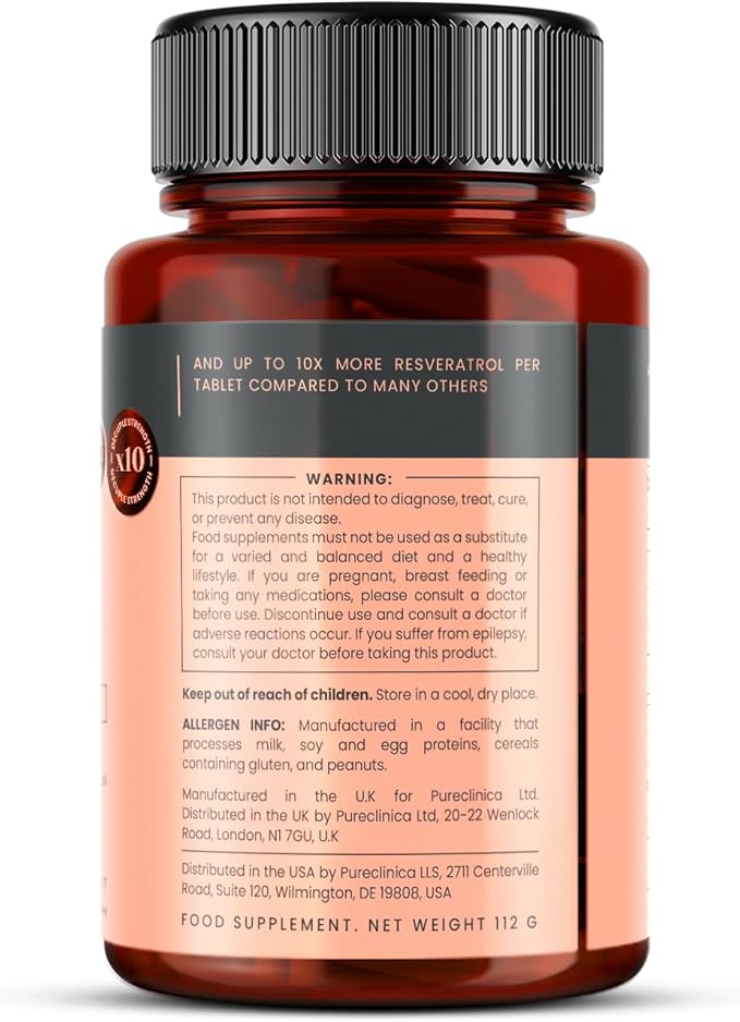 pureclinica Maximum Strength Resveratrol 1000mg x 360 Tablets - (4 Bottles of 90-12 Months Supply). 10 x Strength w/Black Pepper Extract