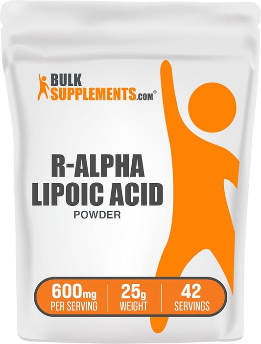 BulkSupplements.com R-Alpha Lipoic Acid Powder - R-ALA Supplement, R Alpha Lipoic Acid 600mg - Antioxidants Supplement, Gluten Free, 600mg per Serving, 25g (0.88 oz) (Pack of 1)