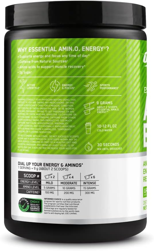Optimum Nutrition Amino Energy - Pre Workout with Green Tea, BCAA, Amino Acids, Keto Friendly, Green Coffee Extract, Energy Powder - Green Apple, 30 Servings (Packaging May Vary)