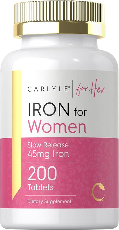 Carlyle Iron Supplement for Women | 45mg | 200 Slow Release Tablets | Vegetarian, Non-GMO, Gluten Free Pills | for Her