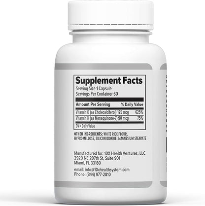 10X Health Vitamin D3 5000 IU & K2 MK7 - Menaquinone 7, High-Potency D3 K2 Vitamin Supplement for Bone Health, Heart and Teeth - 125 mcg Vitamin D & 90 mcg Vitamin K2-60 Capsules