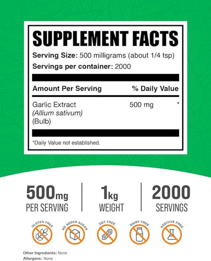 BulkSupplements.com Garlic Extract Powder - Garlic Supplement, Garlic Powder Supplement, Allium Sativum - Herbal & Gluten Free, 500mg per Serving, 1kg (2.2 lbs) (Pack of 1)
