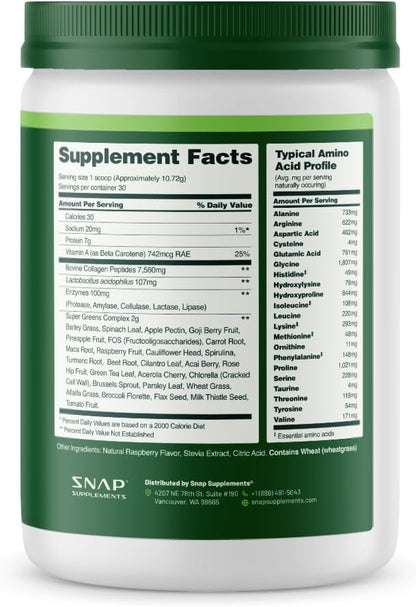 Snap Supplements Super Greens Powder with Collagen Peptides, 26 Fruits and Vegetables, Grass Fed, Non-GMO Daily Greens Superfood for Hair, Skin, Nails & Joint Support, 30 Servings