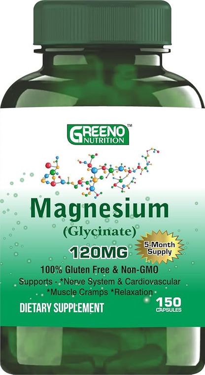 Magnesium (Glycinate) 120 MG Supplement, Supports Stress Relief, Sleep, Heart Health, Nerves, Muscles, Metabolism, 150 Capsules (5 Months Supply)