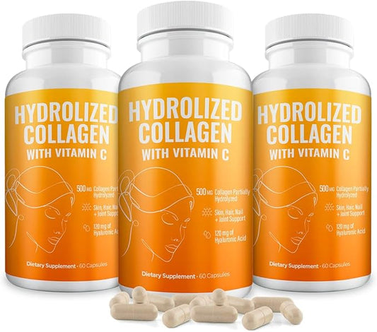 Aura Vitamin Hydrolyzed Collagen with Vitamin C Capsules 500mg Great Energy | Skin, Hair and Nail Support | Hyaluronic Acid Pills - 60ct (3)