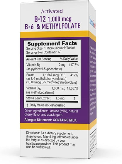 Superior Source No Shot Vitamin B-12 Methylcobalamin 1000 mcg, B-6, & Methylfolate 1000 mcg - Supports Energy, Brain, and Heart Health - Bariatric Friendly - 60 Sublingual Dissolving Tablets