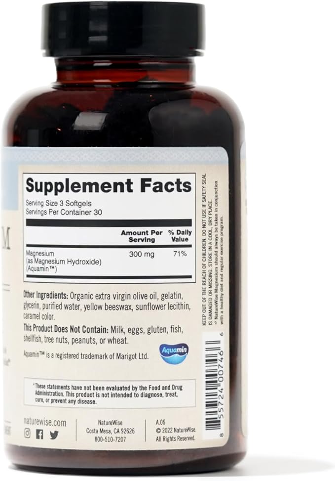 NatureWise High Absorption Marine Magnesium Supplement 300mg - Naturally Sourced, Clinically Tested Magnesium from Seawater - Non-GMO, USA Manufactured - 90 Softgels[1-Month Supply]