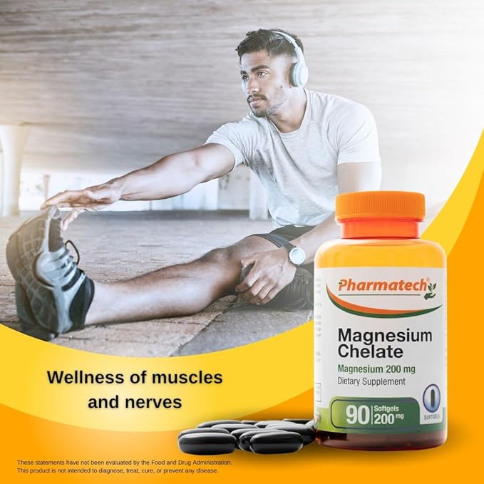 Magnesium Chelate 200 mg, Glycinate, High Absorption Magnesium, 100% Chelated, Better Sleep, Stress Relief, Improve Energy, for Women and Men, 90 Softgels, by Pharmatech ®