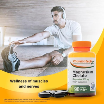 Magnesium Chelate 200 mg, Glycinate, High Absorption Magnesium, 100% Chelated, Better Sleep, Stress Relief, Improve Energy, for Women and Men, 90 Softgels, by Pharmatech ®