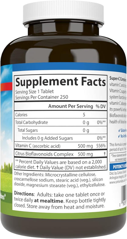 Carlson - Super-C Complex, Vitamin C + Bioflavonoids, Immune Function & Optimal Wellness, Antioxidant, 250 Vegetarian Tablets