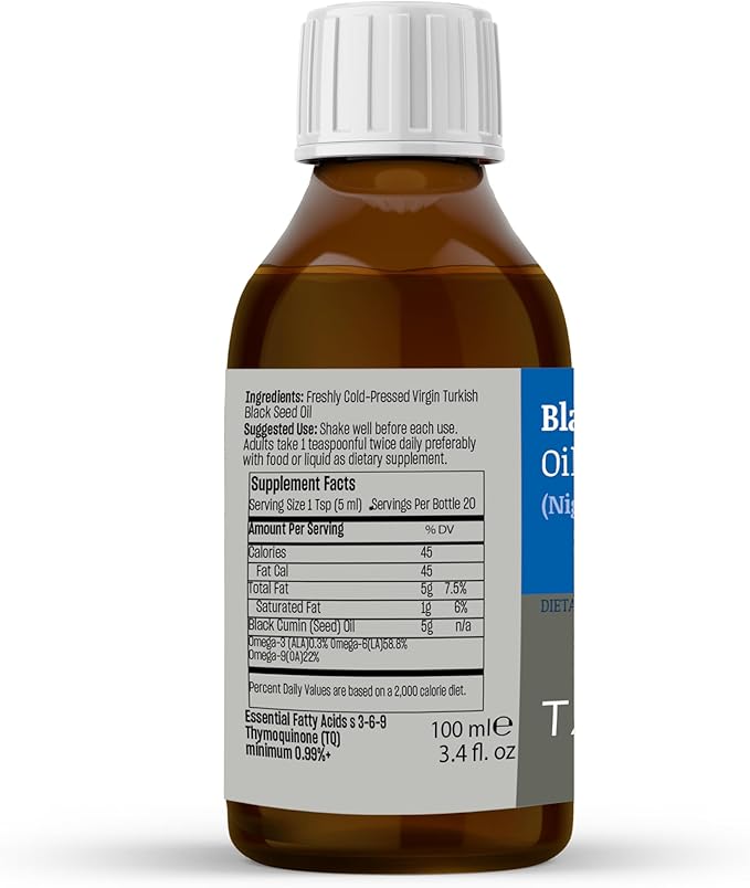 Black Seed Oil 3.4 fl. oz (100 ml) - Liquid Black Seed Oil - Dietary Supplement - Immune Support - High Thymoquinone - Cold Pressed - Pure Turkish Black Seed Oil - Non-GMO - Glass Bottle