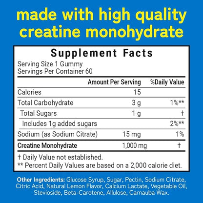 Creatine Monohydrate Gummies for Men & Women - 5g Creatine Per 5 Gummies - 120 Count - Lemon Flavored - Vegan Creatine Chews - 2 Bottles (60 Creatine Gummies Per Bottle)