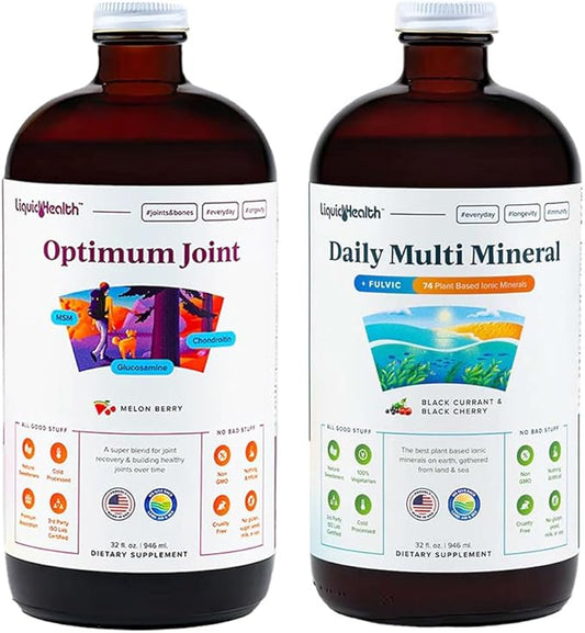 LIQUIDHEALTH Optimum Joint Glucosamine Chondroitin Supplement & Daily Multi Mineral Liquid Multivitamin Bundle for Men & Women - Sea Trace Minerals, Bone & Joint Health, Immune Support, Vegan, Non-GMO