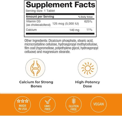 Omax3 Vitamin D3 5000 IU + Calcium, 60-Day Supply, Strong Bones, Muscles & Joints, Heart Health, Immunity, Non GMO, No Gluten, No Soy - 30 Tablets/per Bottle (Pack of 2)