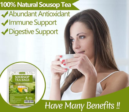 Premium 60 Soursop Tea Bags, Made with 100% Natural Graviola Leaves, Hoja Guanabana Tea, No Additives & Caffeine Free.
