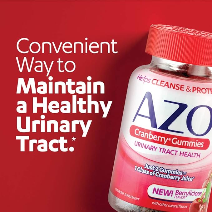 AZO Cranberry Urinary Tract Health Gummies Dietary Supplement, 2 Gummies = 1 Glass of Cranberry Juice, Helps Cleanse & Protect, Natural Berrylicious Flavor, Non-GMO, 72 Gummies