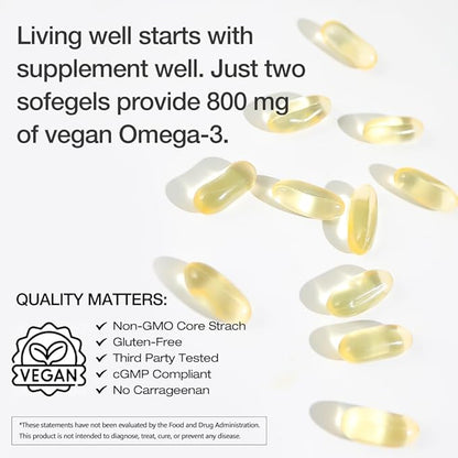 Vegan Omega-3 DHA Supplements - Premium Fish Oil Alternative from Algae Oil | 90 Carrageenan Free Softgels | Plant Based Algal DHA Essential Fatty Acids, Non-GMO (Algae, 90 Count (Pack of 2))