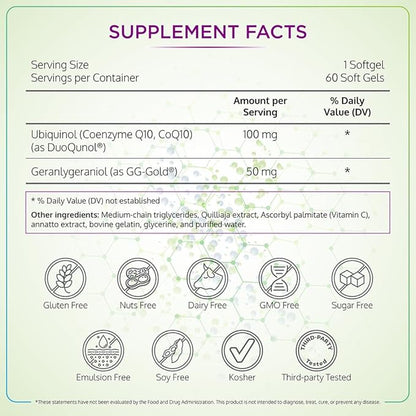 BioQuinol Ubiquinol (CoQ10) with Geranylgeraniol – Master Antioxidant for Heart Health, Cellular Energy 150mg 60 Softgels