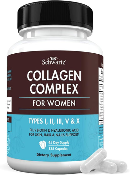 Hydrolyzed Collagen Peptide Capsules for Women - Multi Collagen Supplement Types I, II, III, V, X with Vitamin C, Biotin, Keratin - Skin, Hair & Nails Support - 135 Capsules