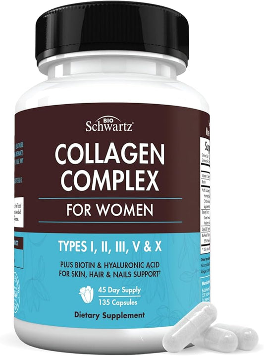 Hydrolyzed Collagen Peptide Capsules for Women - Multi Collagen Supplement Types I, II, III, V, X with Vitamin C, Biotin, Keratin - Skin, Hair & Nails Support - 135 Capsules