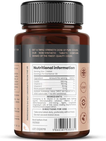 pureclinica Fermented CoQ10 300mg x 180 Tablets (2 Bottles of 90 Tablets) - 6 Months Supply. Non GMO, USP Grade. with Added Vitamin C & Black Pepper Extract for Absorption.