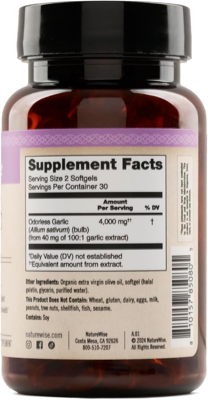 NatureWise Odorless Garlic Supplement 4000mg - Ultra Potent 100:1 Extract - Healthy Cholesterol Formula, Heart Health Support - Non-GMO, Gluten Free, with Halal Gelatin - 60 Count[30-Day Supply]