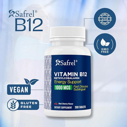 Safrel Vitamin B12 1000 mcg Methylcobalamin, 200 Fast Dissolve Tablets, Easy to Take Sublingual B12 Cherry Flavor, 200 Day Supply