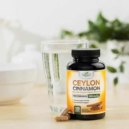 Organic Ceylon Cinnamon Capsules 1800mg - Pure Ceylon Cinnamon Supplements, 1800 mg Certified Organic Powder, Bottled in USA, Non-GMO Gluten Free Sugar Free, Antioxidant Pills Supplement, 120 Capsules
