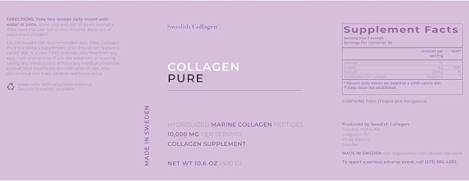 Swedish Collagen - Hydrolyzed Marine Collagen 10,000 mg Powder Supplement - Pack of 300 g, 30 Day Supply | Pure Peptide for Healthy Hair, Skin, Nails & Joints I 100% Natural & Gluten Free | Sugar-Free