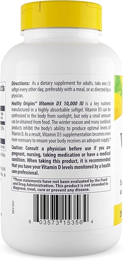 Healthy Origins Vitamin D3 (Lanolin) 10,000 IU Softgel - Bone Health and Immune Support Supplement - Easily Absorbable Vitamin D Supplements - Gluten-Free Vitamin D3 Supplement - 360 Softgels