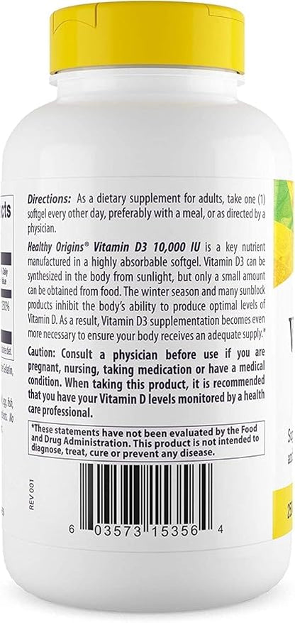 Healthy Origins Vitamin D3 (Lanolin) 10,000 IU Softgel - Bone Health and Immune Support Supplement - Easily Absorbable Vitamin D Supplements - Gluten-Free Vitamin D3 Supplement - 360 Softgels