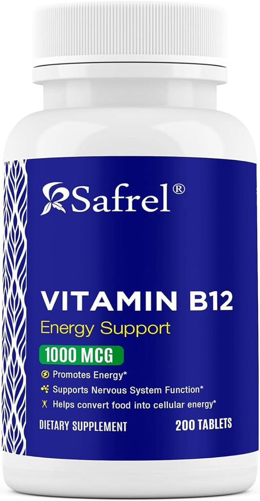 Safrel Vitamin B12 1000 mcg per Tablet, 200 Days Supply, Provides Energy, Metabolism and Nervous System Health Support | Vegan, Gluten Free and Dye Free | Made in USA