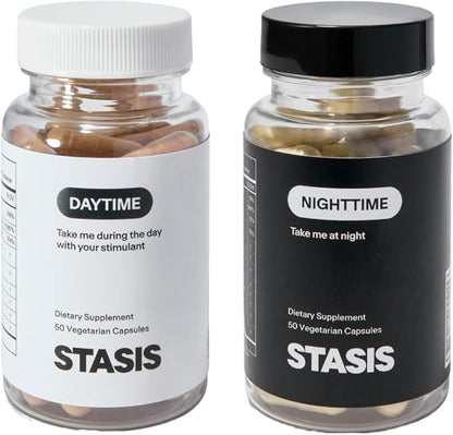 Stasis Day & Night Set - Energy & Focus Supplements + Calm & Sleep Capsules to Pair with Your Stimulant - Promote Natural Energy Without Jitters & Harness Magnesium for Sleep (25 Servings)